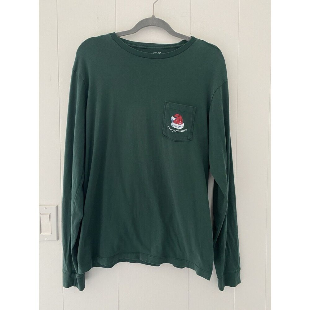 Vineyard Vines Mens Green Long sleeve T Shirt Small Santa Hat Fishing Christmas